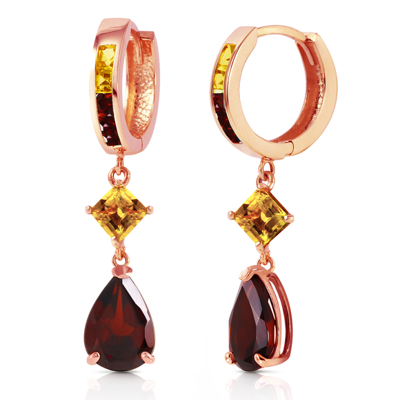14K. HUGGIE EARRING WITH DANGLING GARNETS & CITRINES (Rose Gold) - Picture 2 of 3